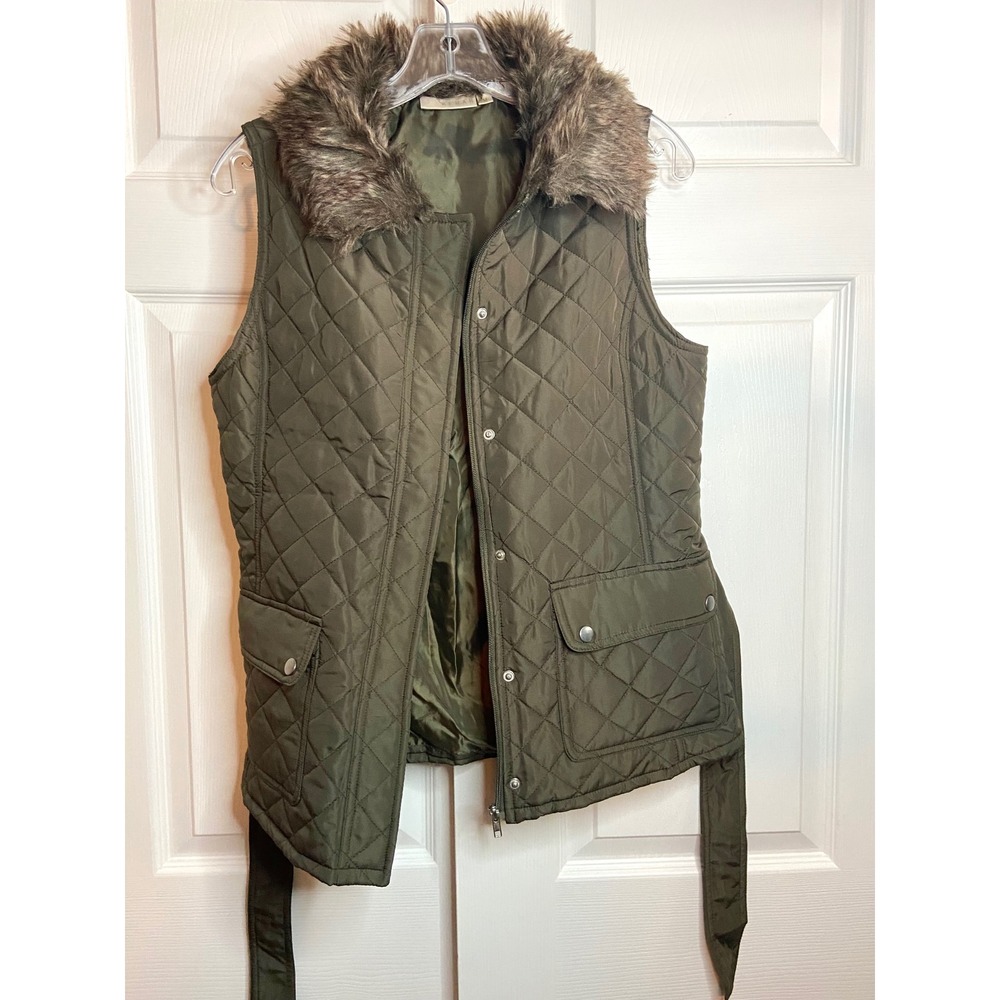 Kenar Olive Green Quilted Vest Faux Fur Collar Belted Puffer Medium